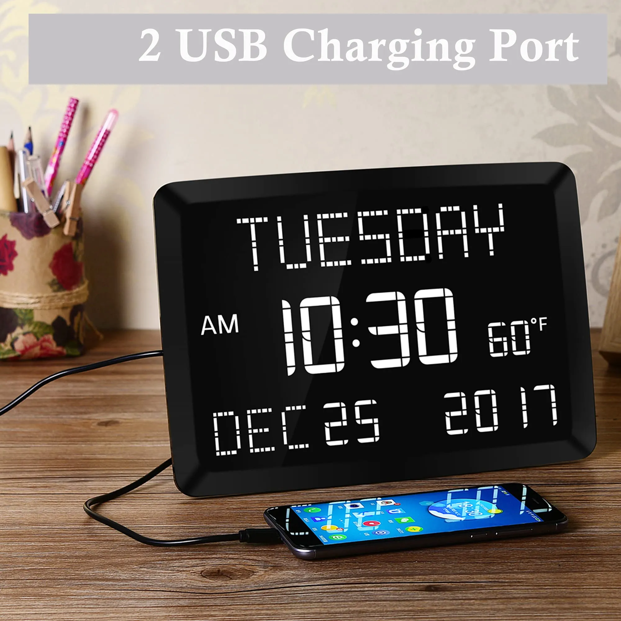 11.5” Digital Wall Clock with Date,Time,Week,Indoor Temperature,3 Alarms,5 Dimmer,2 USB Chargers,Battery Backup,Snooze,12/24H for Elderly,Parents,Impaired Vision,Dementia,Memory Loss,Office,Bedroom