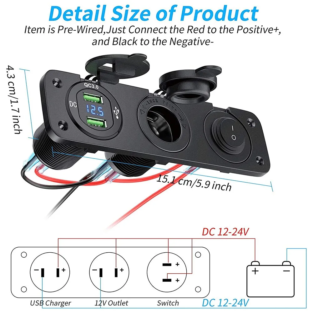 12-24v Rv Car Charger Socket Cigarette Lighter Waterproof Switch