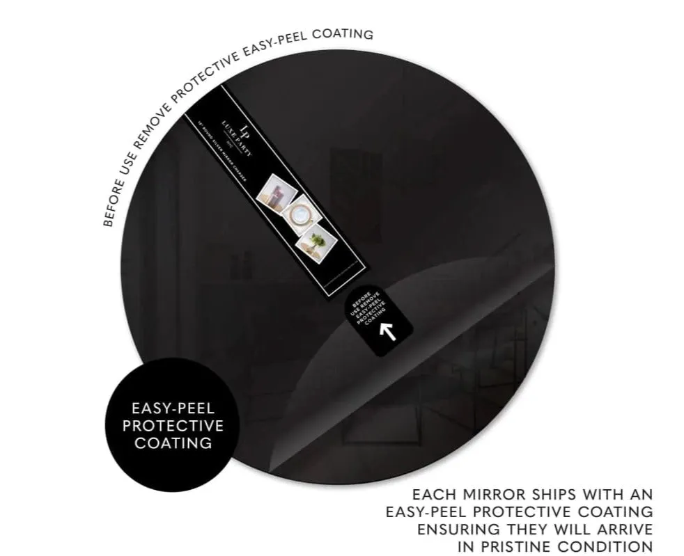 13" Black Round Lightweight Plastic Mirror Charger Plate - 1-Piece with Easy Peel Protective Coating
