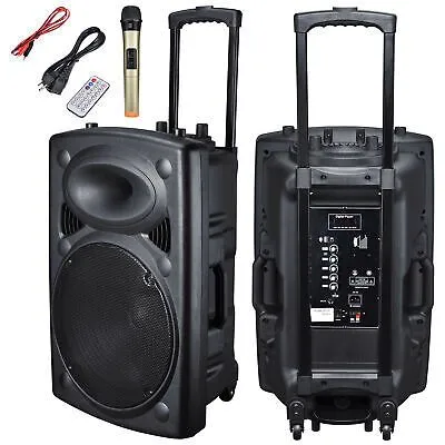 1500W 15" Portable Remote Audio PA Speaker w/ Bluetooth USB Wireless microphone