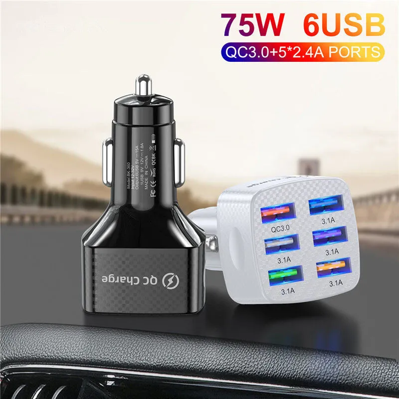 15a 6 Usb Car Charger Luminous Qc3.0 75w Fast Charging Phone