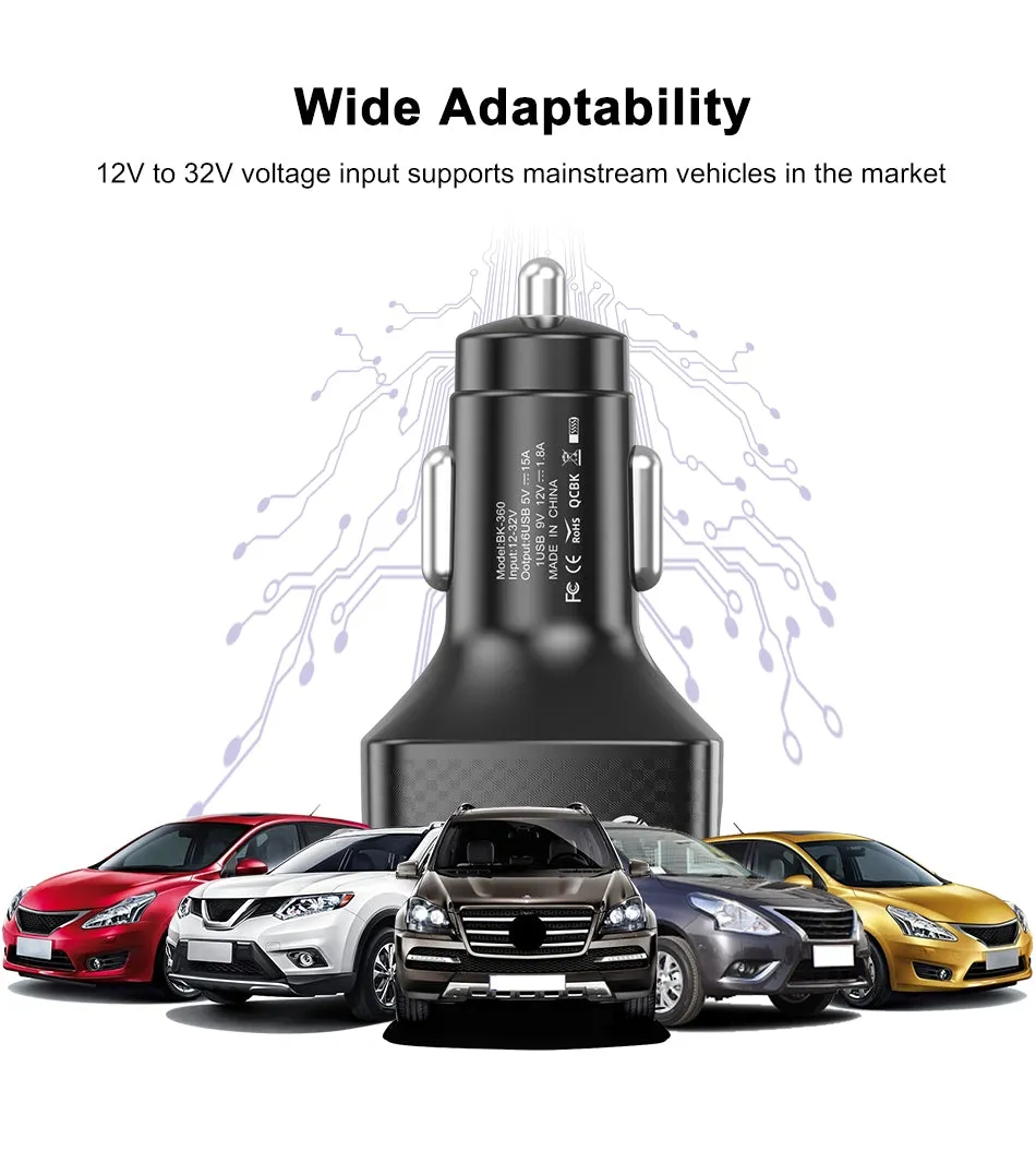 15a 6 Usb Car Charger Luminous Qc3.0 75w Fast Charging Phone