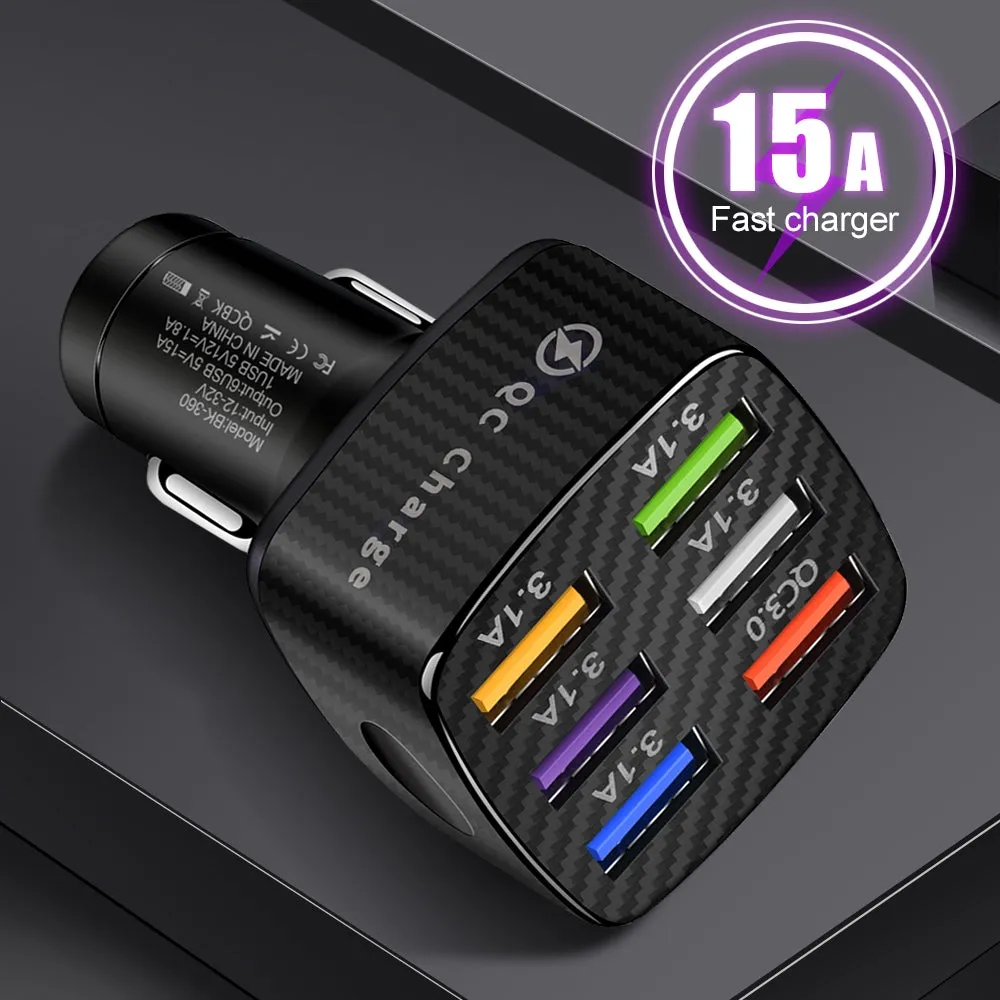 15a 6 Usb Car Charger Luminous Qc3.0 75w Fast Charging Phone