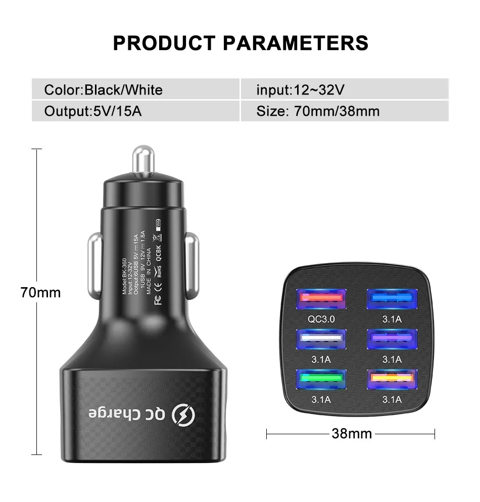 15a 6 Usb Car Charger Luminous Qc3.0 75w Fast Charging Phone