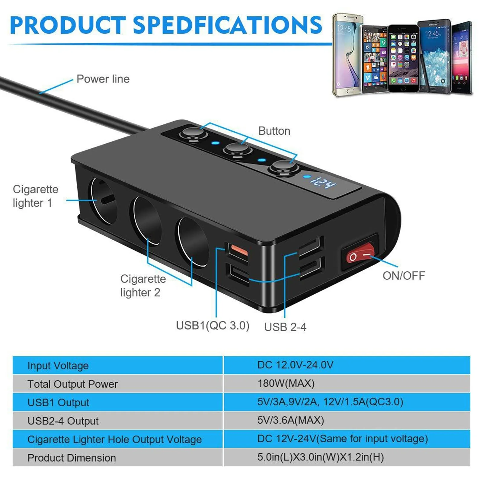 180W USB Car Charger Splitter Adapter 12V 24V Car Splitter 3