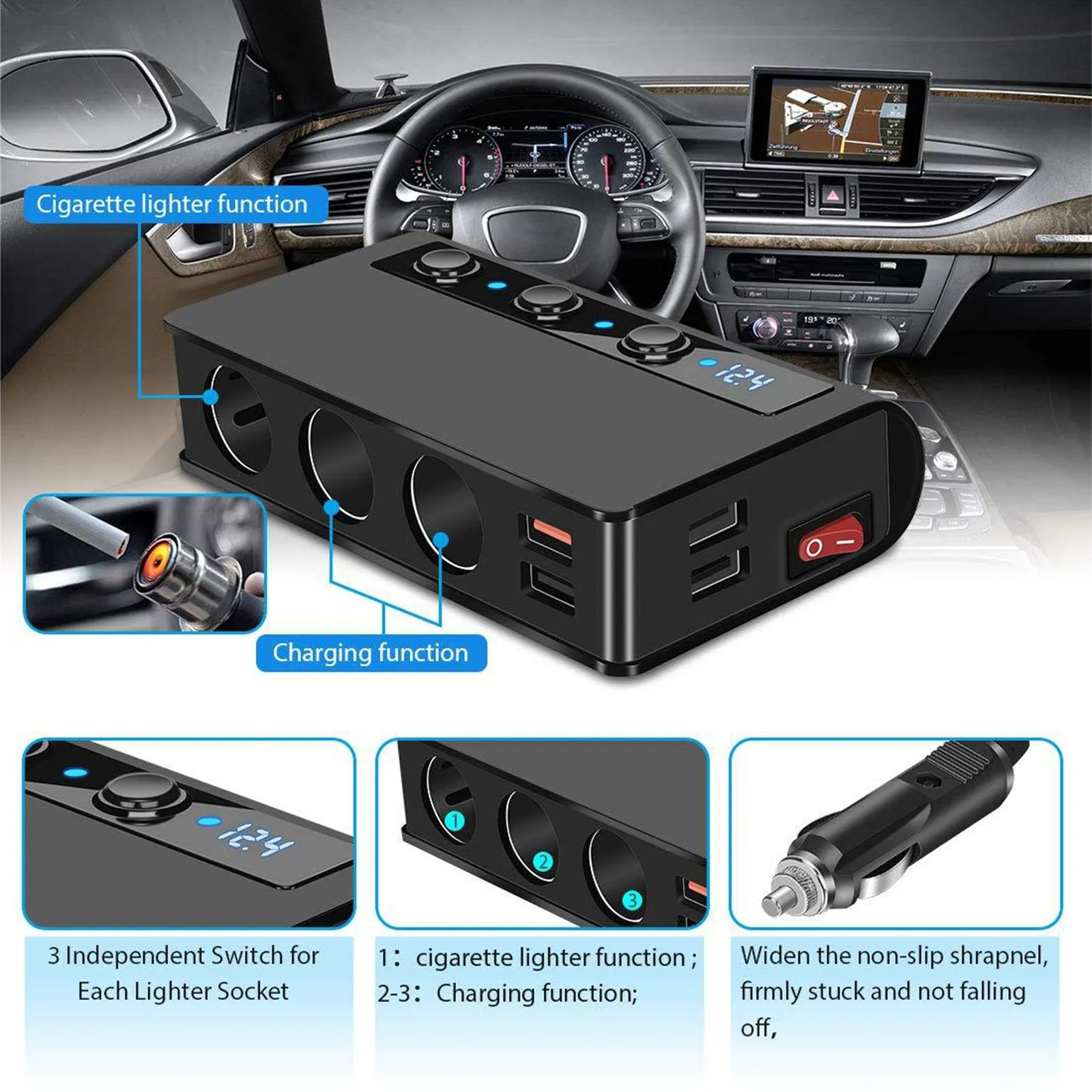180W USB Car Charger Splitter Adapter 12V 24V Car Splitter 3