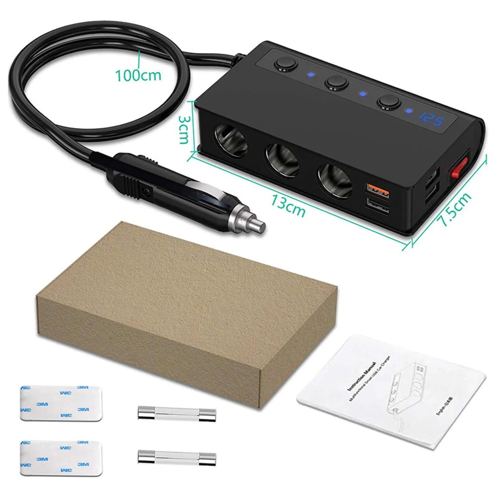 180W USB Car Charger Splitter Adapter 12V 24V Car Splitter 3