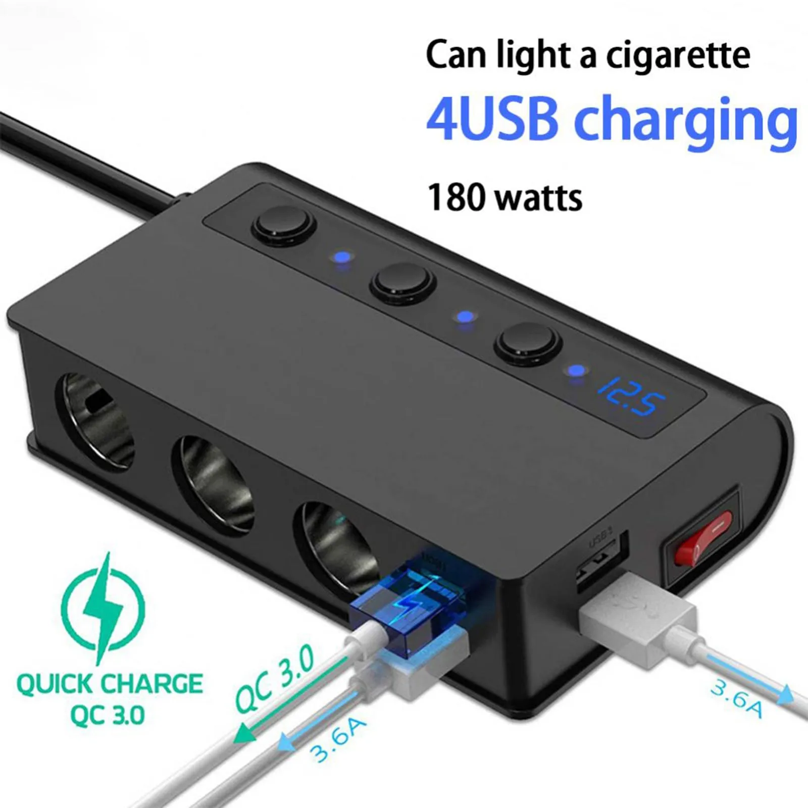 180W USB Car Charger Splitter Adapter 12V 24V Car Splitter 3