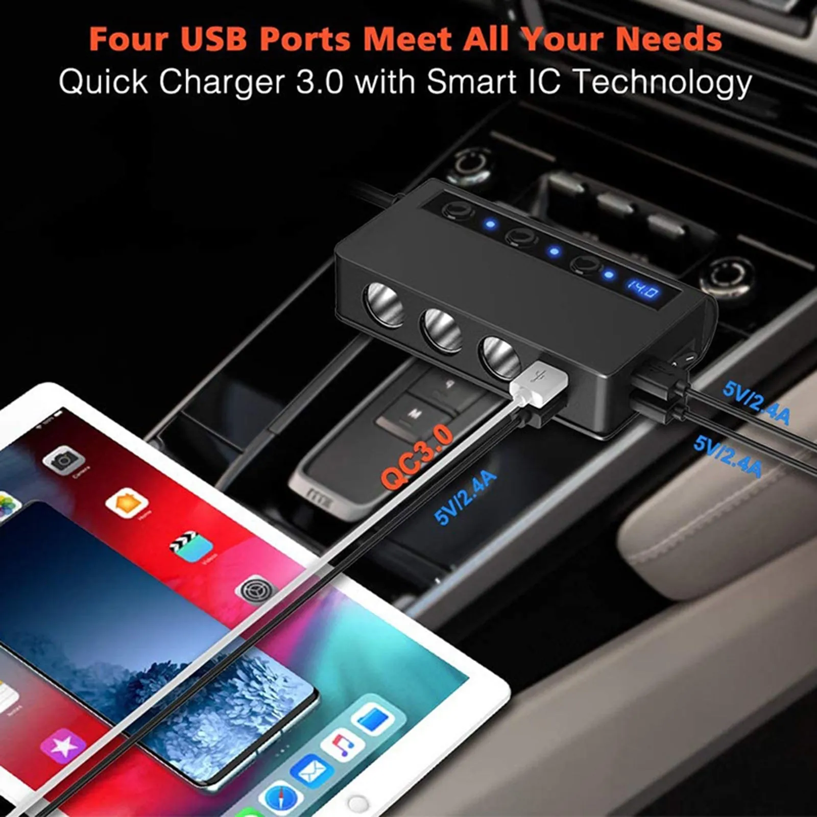 180W USB Car Charger Splitter Adapter 12V 24V Car Splitter 3