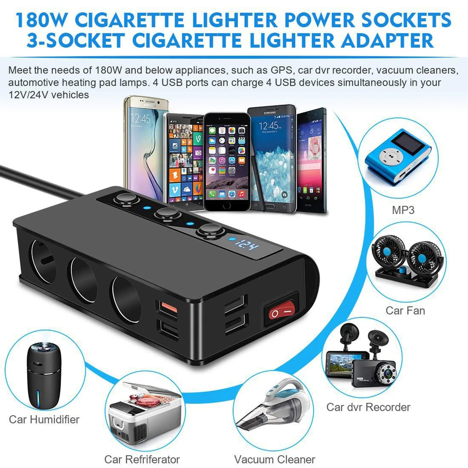 180W USB Car Charger Splitter Adapter 12V 24V Car Splitter 3