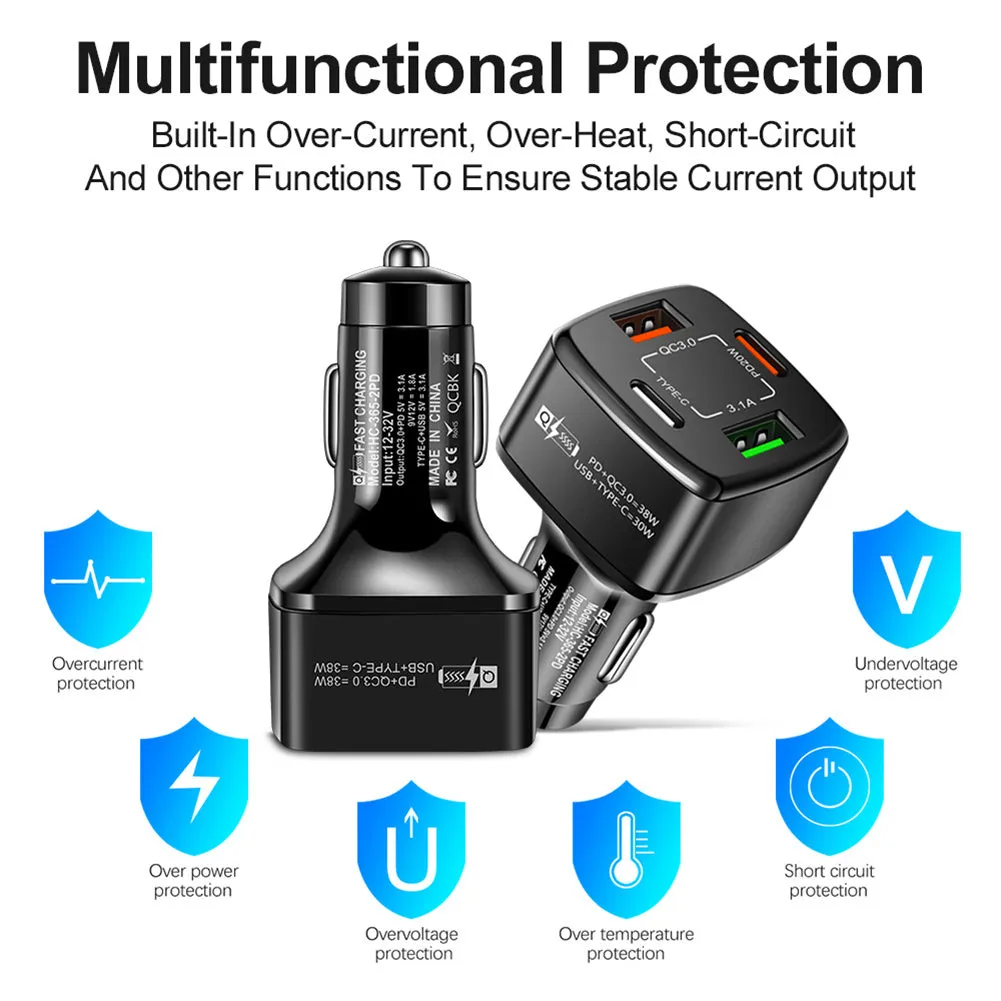 38w Car Charger Fast Charging Type C Pd Qc3.0 3.1a Usb Charger