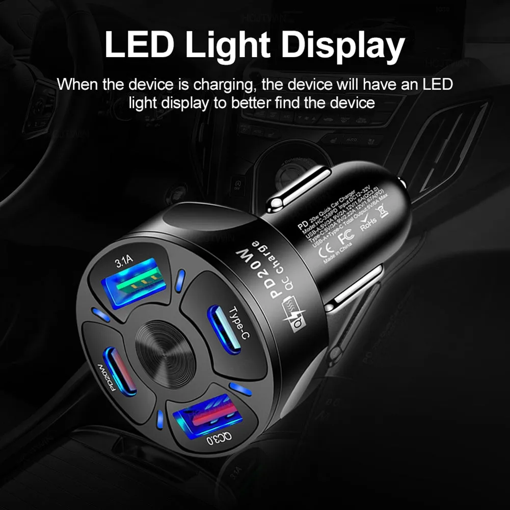 4-in-1 Car Charger Fast Charging Dock Pd 20w Type-c QC3.0 Usb
