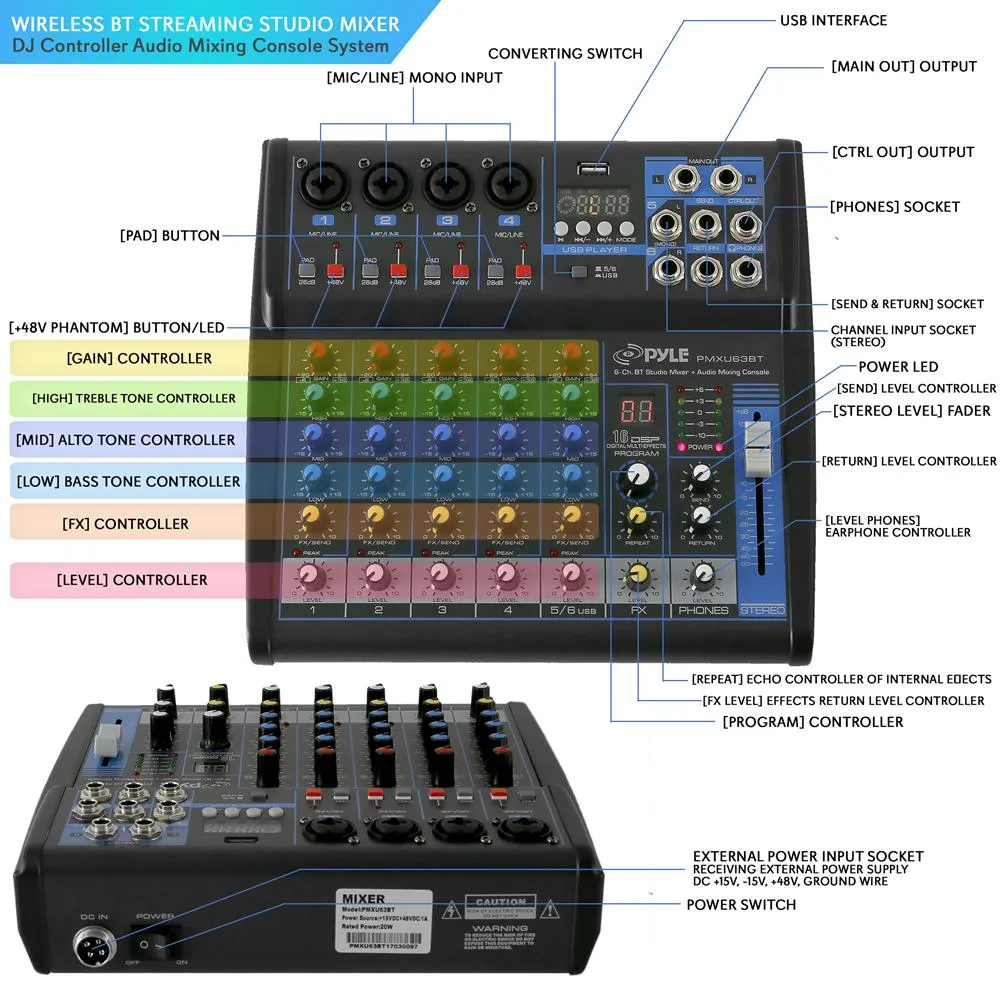 6-Ch. Bluetooth Studio Mixer - Dj Controller Audio Mixing Console System
