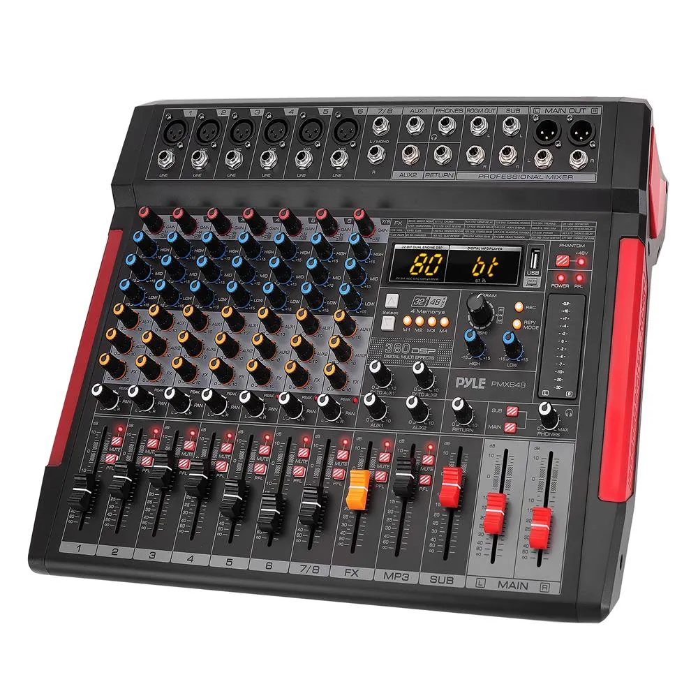 8-Channel Wireless Bt Streaming Audio Mixer W/ Recording Interface - 6 Xlr Input/ 2 Xlr Output Connectors, Built-In Fx/Sub Output & Mp3 Player