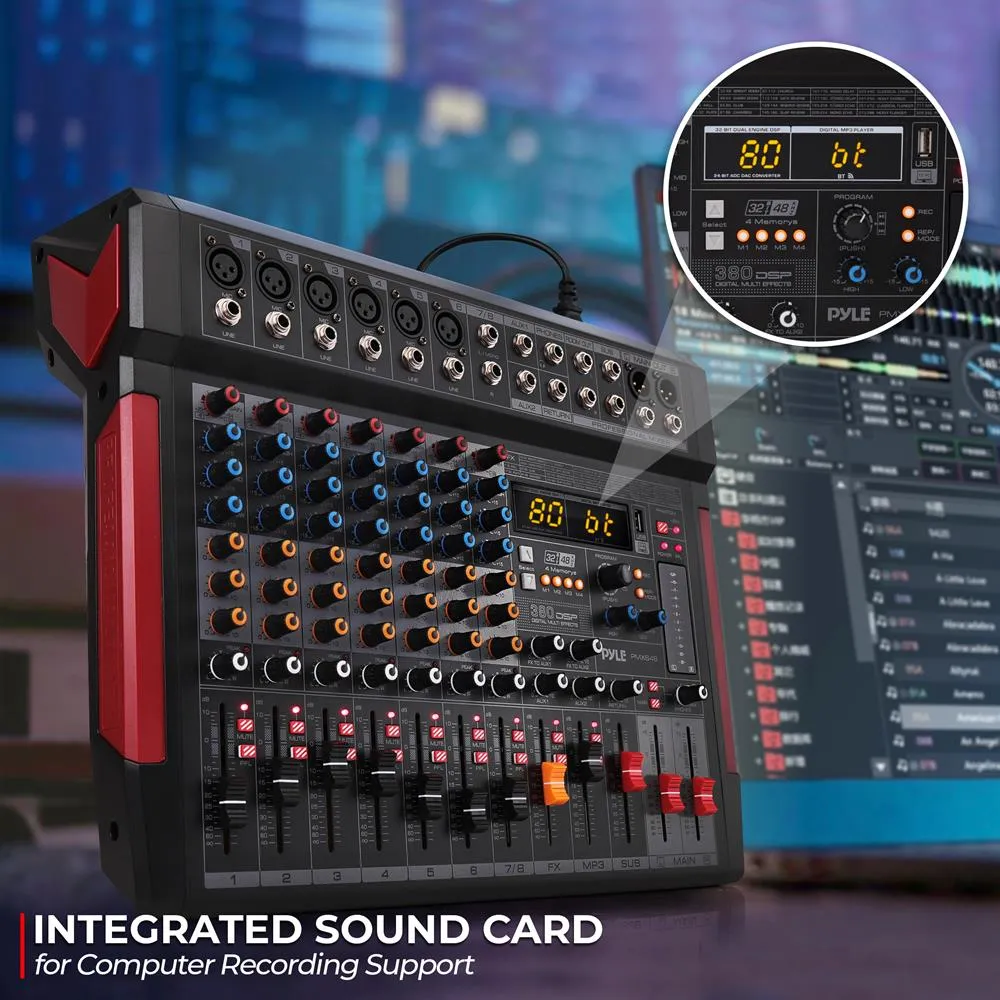 8-Channel Wireless Bt Streaming Audio Mixer W/ Recording Interface - 6 Xlr Input/ 2 Xlr Output Connectors, Built-In Fx/Sub Output & Mp3 Player