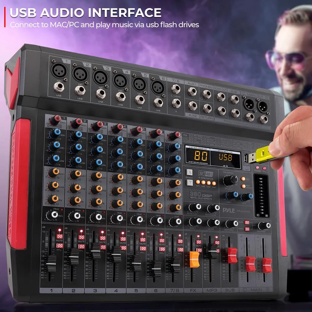 8-Channel Wireless Bt Streaming Audio Mixer W/ Recording Interface - 6 Xlr Input/ 2 Xlr Output Connectors, Built-In Fx/Sub Output & Mp3 Player