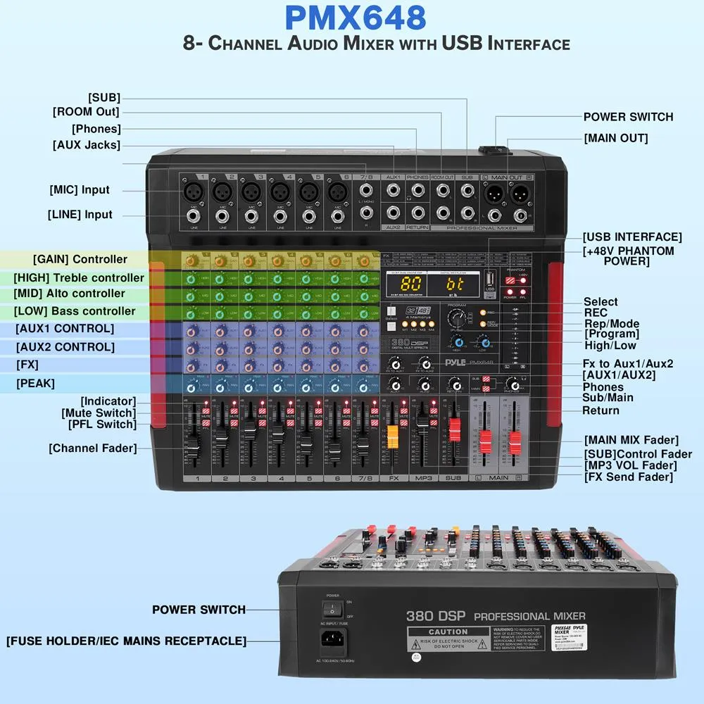 8-Channel Wireless Bt Streaming Audio Mixer W/ Recording Interface - 6 Xlr Input/ 2 Xlr Output Connectors, Built-In Fx/Sub Output & Mp3 Player