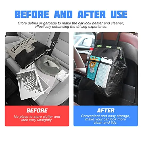 8sanlione Car Trash Can with Storage Pockets, Foldable Hanging Large Capacity Garbage Bin, Leak-Proof Waterproof Trash Bin, Multipurpose Organizer Car Accessories for Truck SUV Home Office (Black)