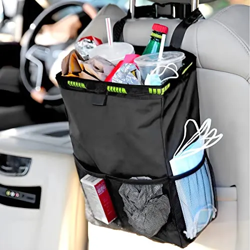 8sanlione Car Trash Can with Storage Pockets, Foldable Hanging Large Capacity Garbage Bin, Leak-Proof Waterproof Trash Bin, Multipurpose Organizer Car Accessories for Truck SUV Home Office (Black)