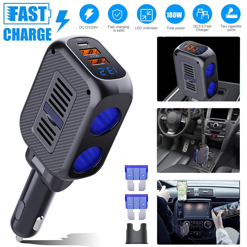 Car Charger 180W 2-Socket Cigarette Lighter Splitter Dual QC 3.0