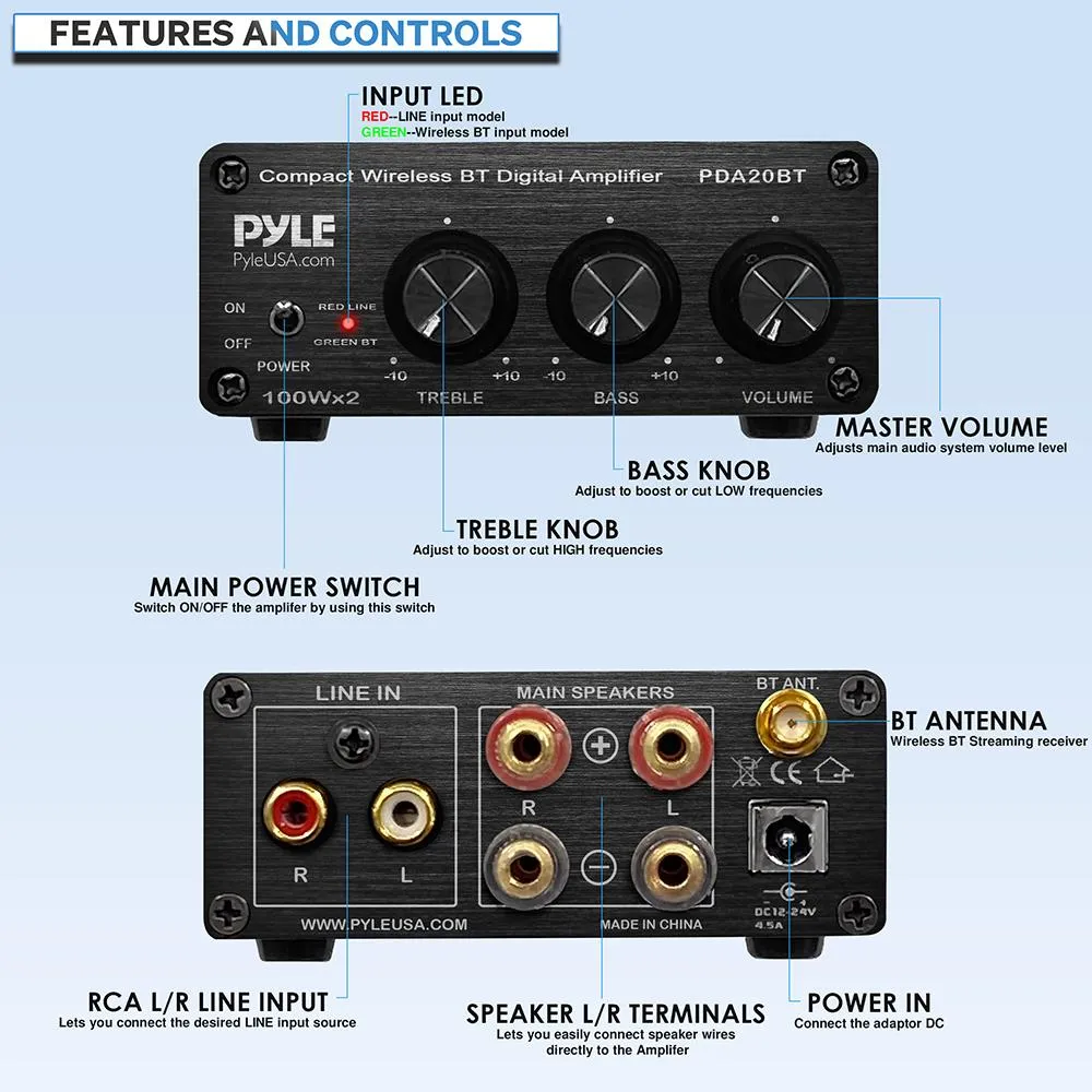 Desktop Bluetooth Audio Amplifier - Compact Mini Blue Series Stereo Power Amplifier (2 X 100 Watt Max)