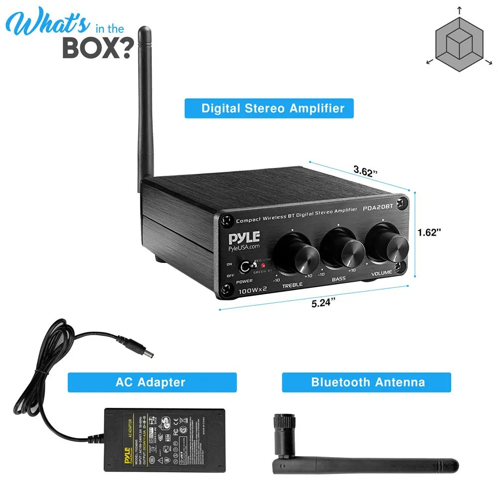 Desktop Bluetooth Audio Amplifier - Compact Mini Blue Series Stereo Power Amplifier (2 X 100 Watt Max)
