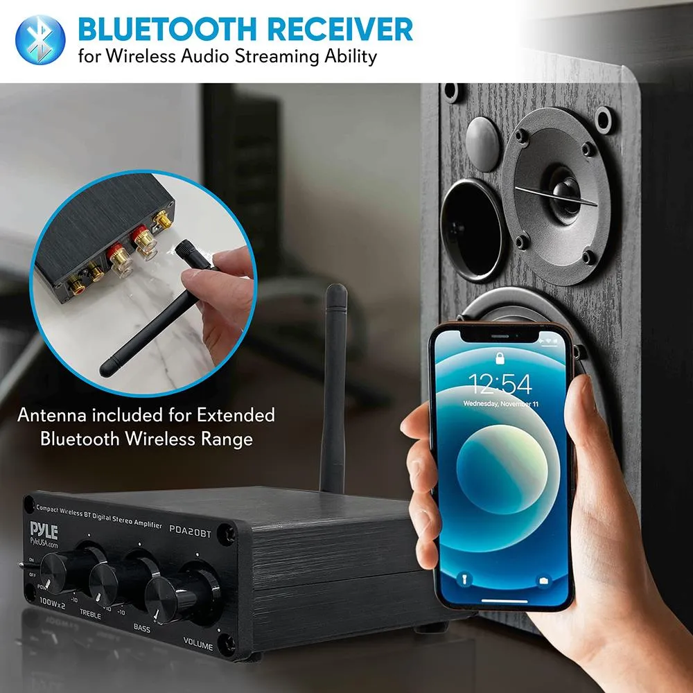 Desktop Bluetooth Audio Amplifier - Compact Mini Blue Series Stereo Power Amplifier (2 X 100 Watt Max)