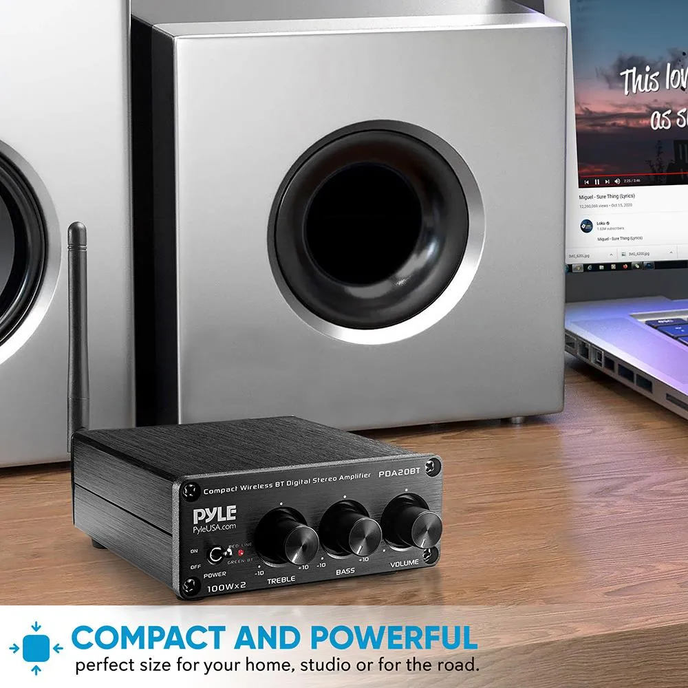 Desktop Bluetooth Audio Amplifier - Compact Mini Blue Series Stereo Power Amplifier (2 X 100 Watt Max)