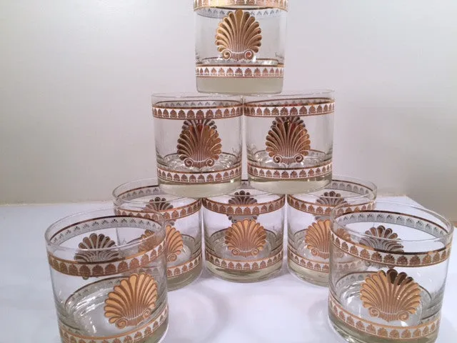 Georges Briard Signed Mid-Century 22-Karat Gold Sea Shell Lowball Glasses (Set of 8)
