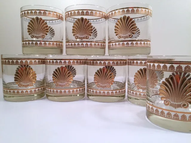 Georges Briard Signed Mid-Century 22-Karat Gold Sea Shell Lowball Glasses (Set of 8)