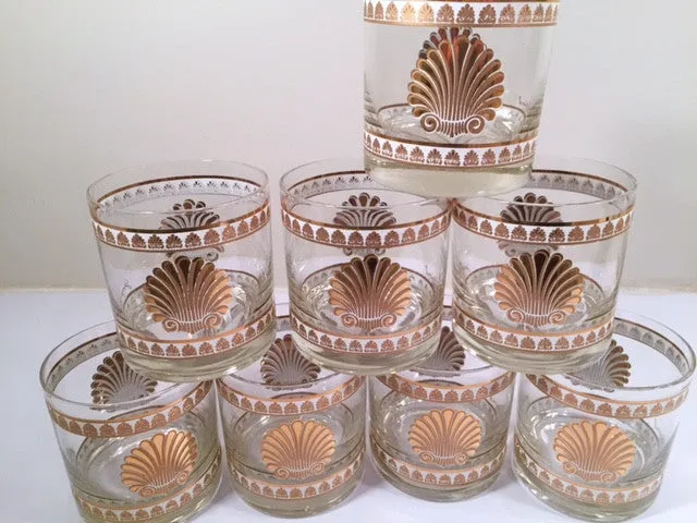 Georges Briard Signed Mid-Century 22-Karat Gold Sea Shell Lowball Glasses (Set of 8)