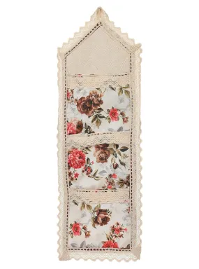 Heart Home Flower Printed Multiuses 3 Pockets Wall Hanging Storage Organizer/Holder For Home (Cream & Red)-50HH01175