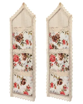 Heart Home Flower Printed Wall Hanging Organizer For Small Accessories, Stationery, Jewelry, Magazine, Letter- Pack of 2 (Cream & Red)-50HH01178
