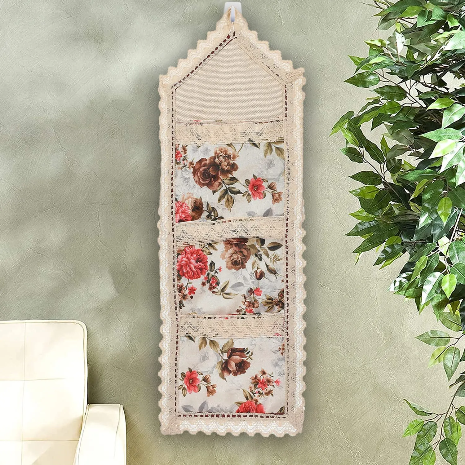 Heart Home Flower Printed Wall Hanging Organizer For Small Accessories, Stationery, Jewelry, Magazine, Letter- Pack of 2 (Cream & Red)-50HH01178