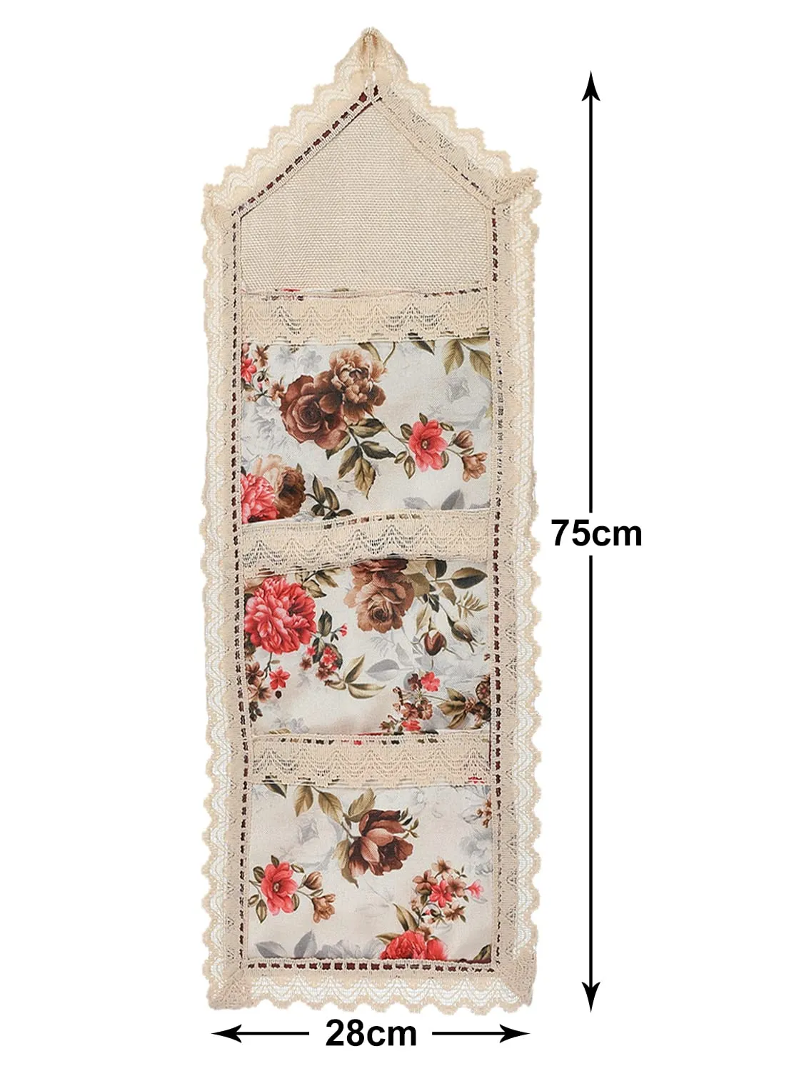 Heart Home Flower Printed Wall Hanging Organizer For Small Accessories, Stationery, Jewelry, Magazine, Letter- Pack of 2 (Cream & Red)-50HH01178