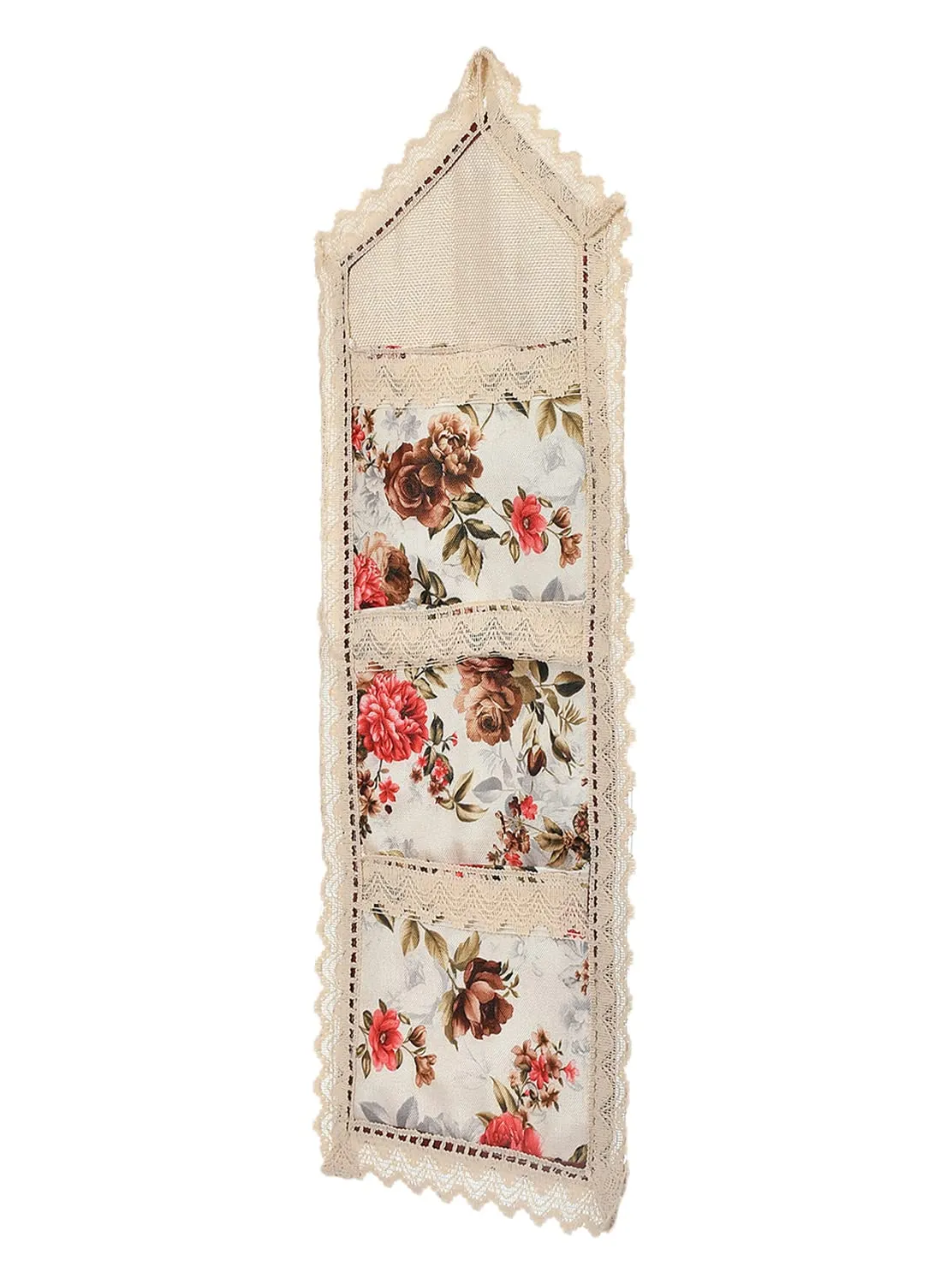 Heart Home Flower Printed Wall Hanging Organizer For Small Accessories, Stationery, Jewelry, Magazine, Letter- Pack of 2 (Cream & Red)-50HH01178