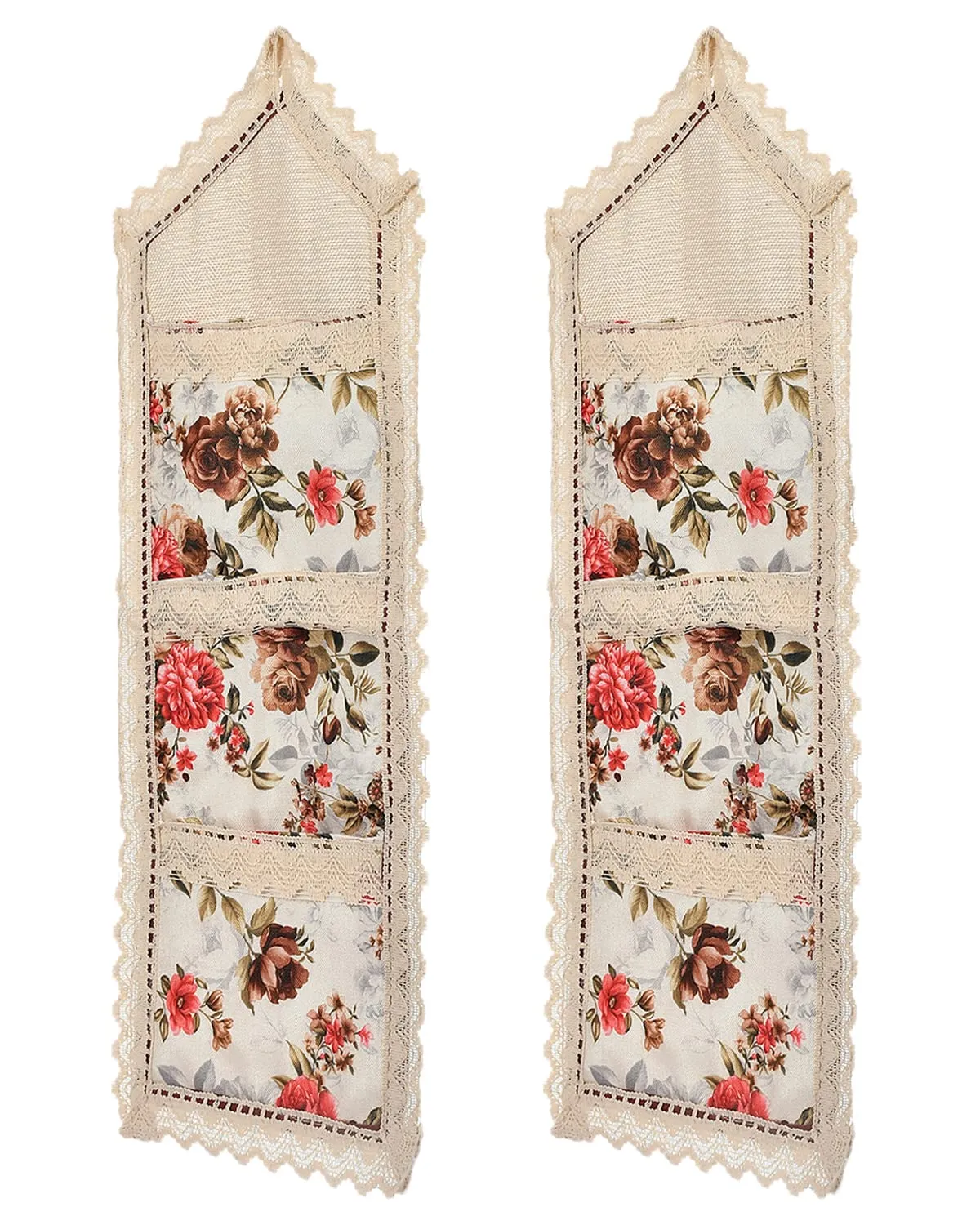 Heart Home Flower Printed Wall Hanging Organizer For Small Accessories, Stationery, Jewelry, Magazine, Letter- Pack of 2 (Cream & Red)-50HH01178