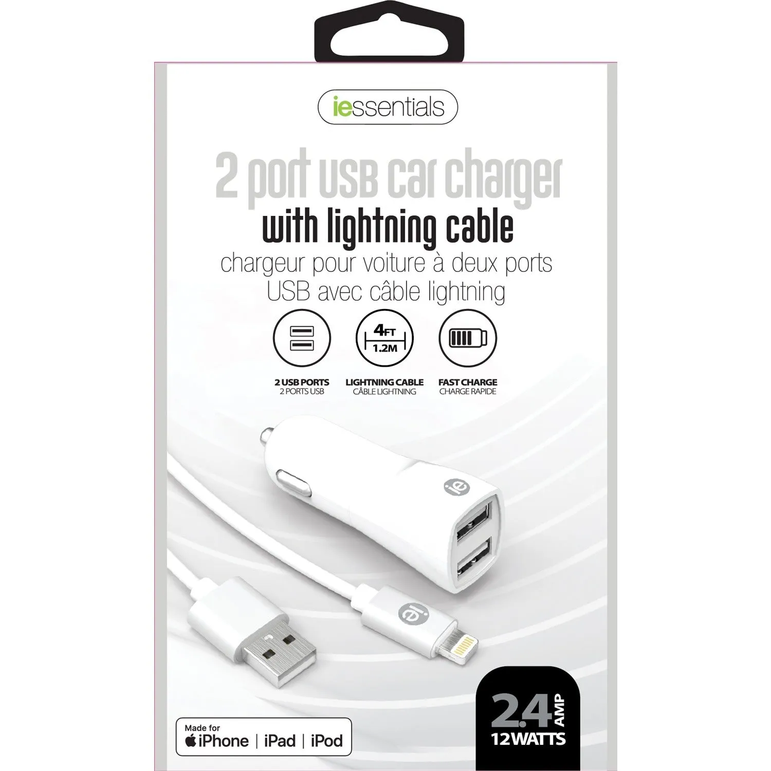 iEssentials IEN-PCL-22A 2.4-Amp Dual-USB Car Charger with USB-A Lightning Cable, 4ft