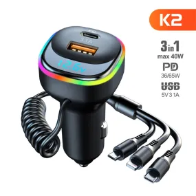 K2 Multi-functional Car Charger Display 12-24v Pd65w Qc3.0 Quick