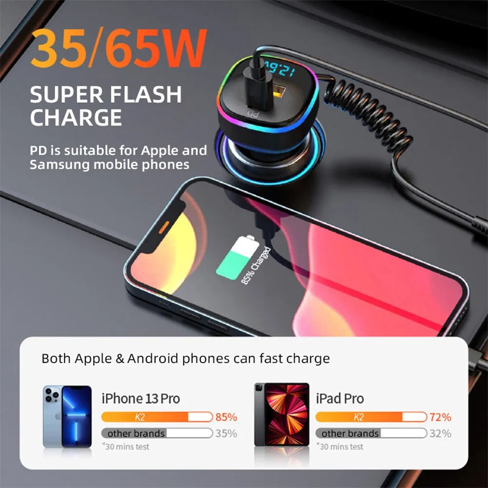 K2 Multi-functional Car Charger Display 12-24v Pd65w Qc3.0 Quick