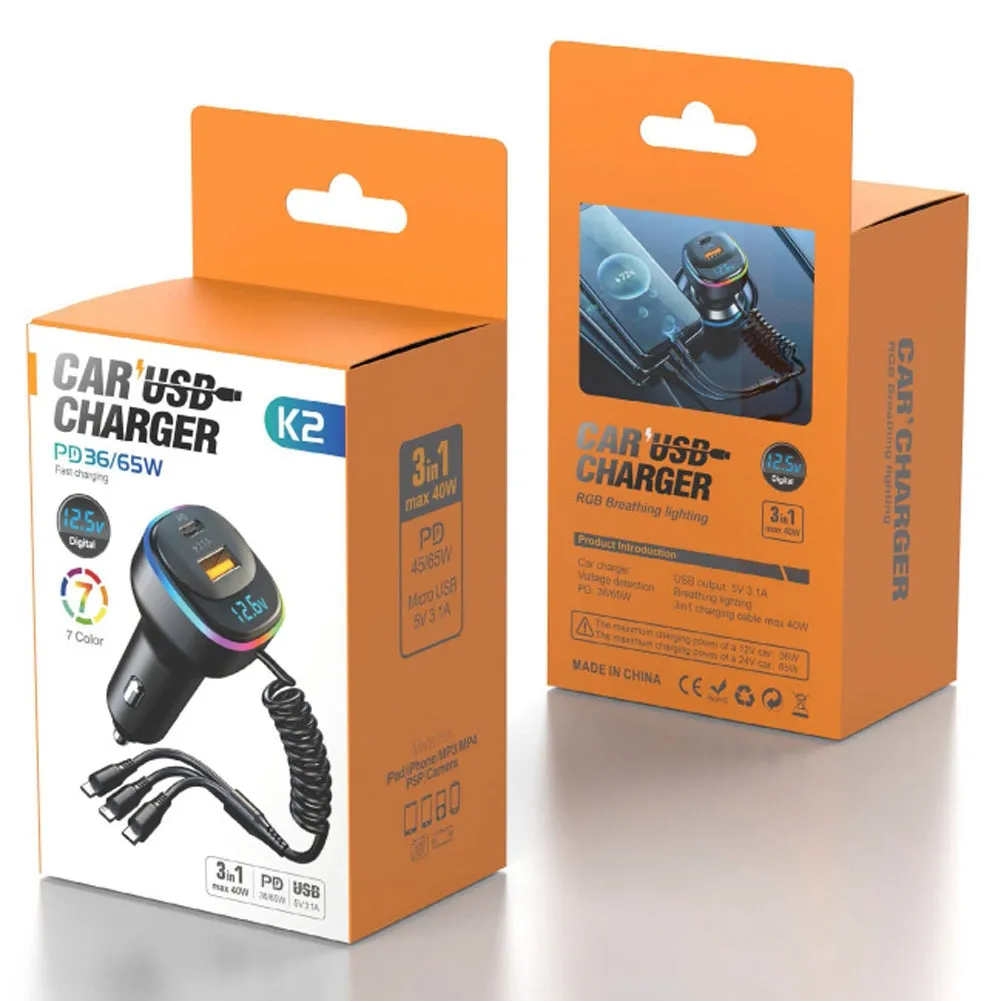 K2 Multi-functional Car Charger Display 12-24v Pd65w Qc3.0 Quick