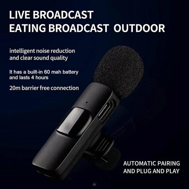 K9 Wireless Clip-on Auto-Sync Noise Cancelling Live Mini Microphone with 8-Pin Receiver