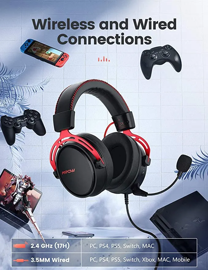 New in box! Mpow Air 2.4G Wireless Gaming Headset for PS5/PS4/PC Computer Headset with Dual Chamber Driver, Up to 17 hours of Use, Noise Cancelling Mic, 3D Bass, Ultra Light Over-Ear Gaming Headphones for Switch