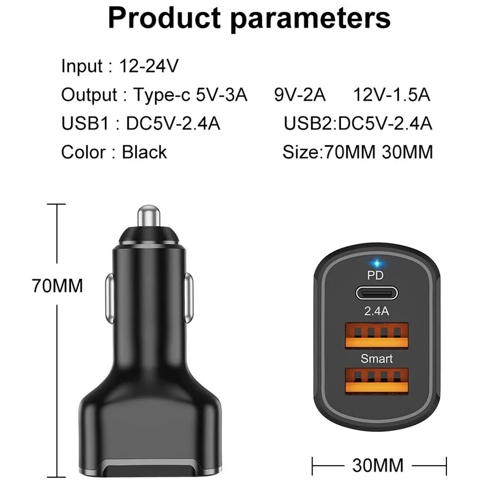 Pd 2.4a Type-c Dual Usb Car Charger 30w Charging Adapter