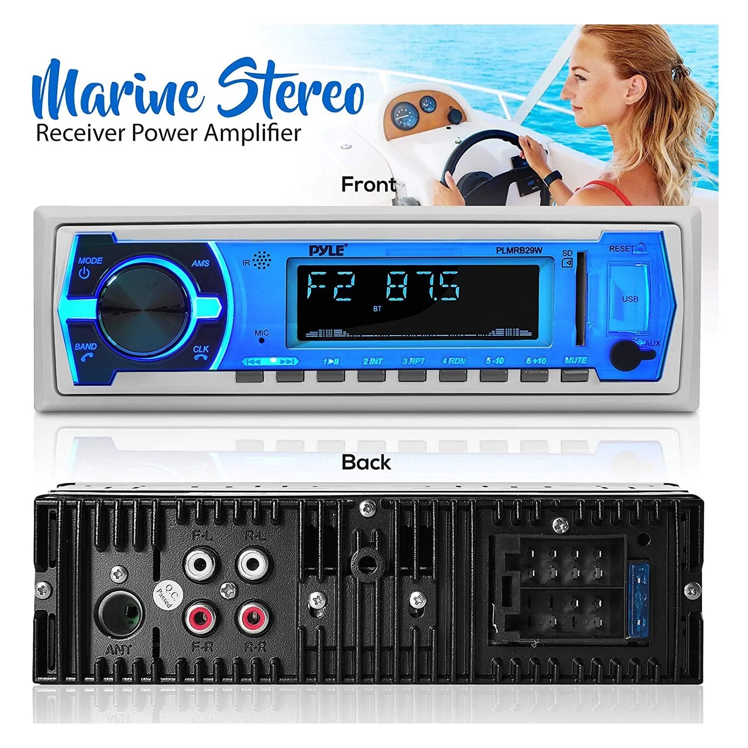 Pyle PLMRB29W Bluetooth Wireless In Dash Marine Stereo Radio Receiver, White