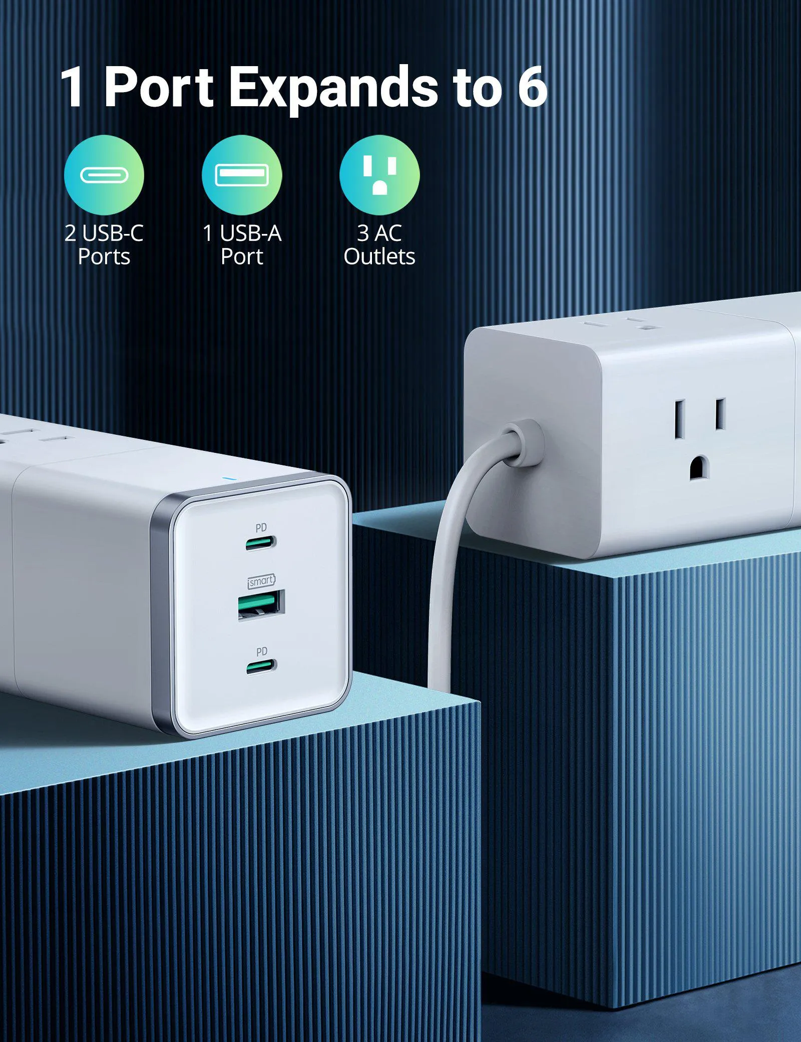 RAVPower 6-Port Power Strip, 3 AC Outlets, Flat Plug