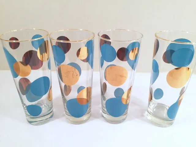 Russel Wright Mid-Century Bright Blue & 22-Karat Gold Eclipse Tall Collins Glasses (Set of 4)