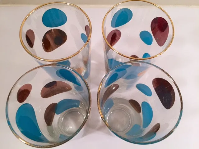 Russel Wright Mid-Century Bright Blue & 22-Karat Gold Eclipse Tall Collins Glasses (Set of 4)