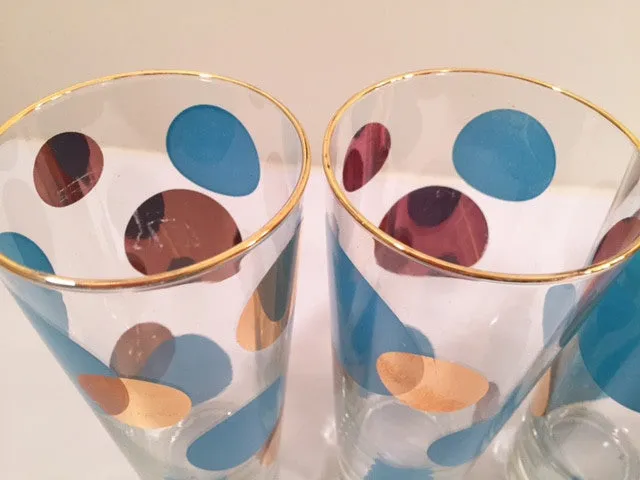 Russel Wright Mid-Century Bright Blue & 22-Karat Gold Eclipse Tall Collins Glasses (Set of 4)
