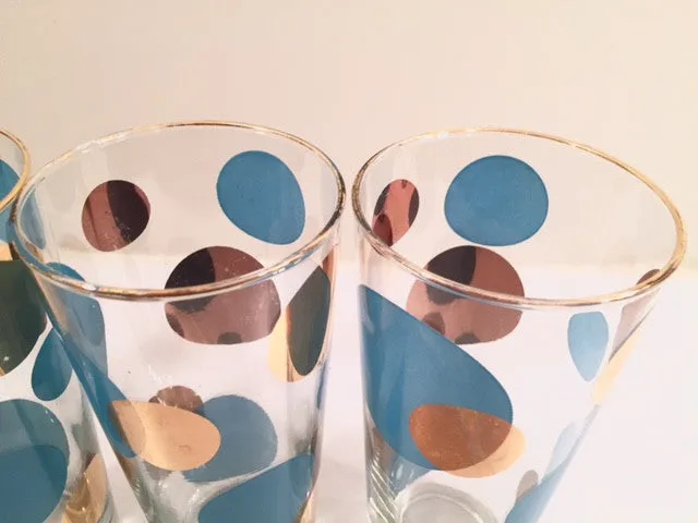 Russel Wright Mid-Century Bright Blue & 22-Karat Gold Eclipse Tall Collins Glasses (Set of 4)